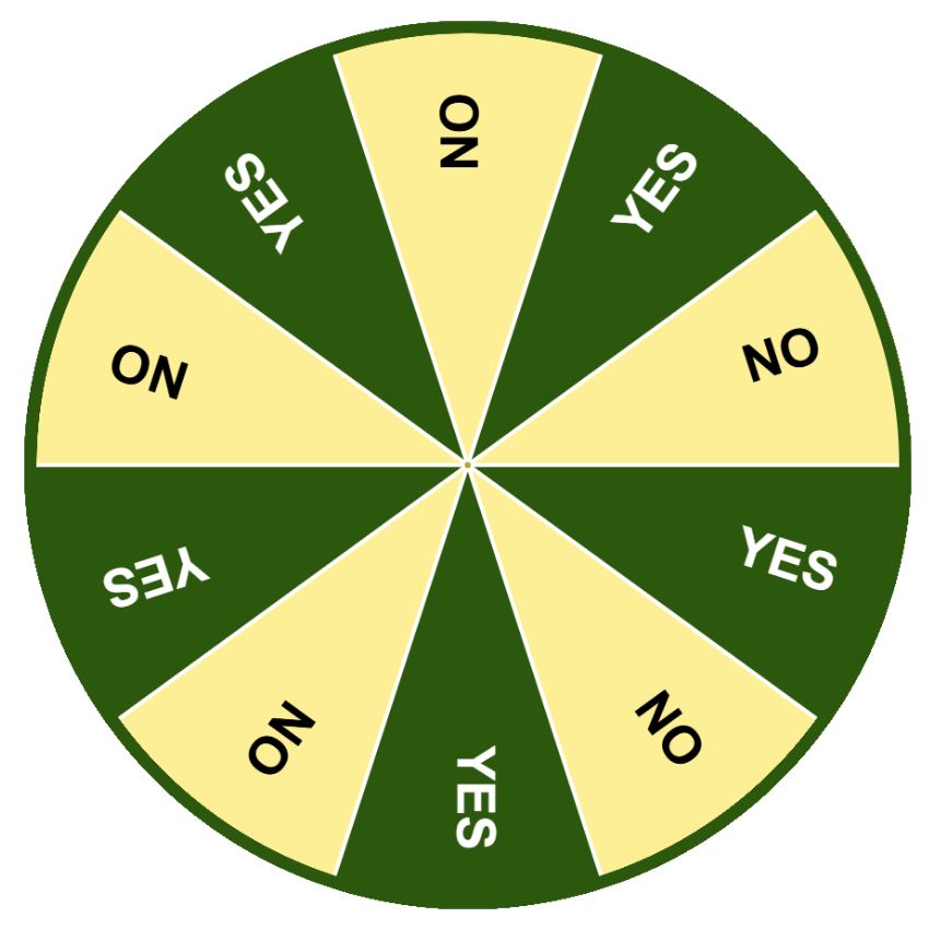 Yes or no decision wheel with alternating green and yellow segments displaying YES and NO options for quick decision making