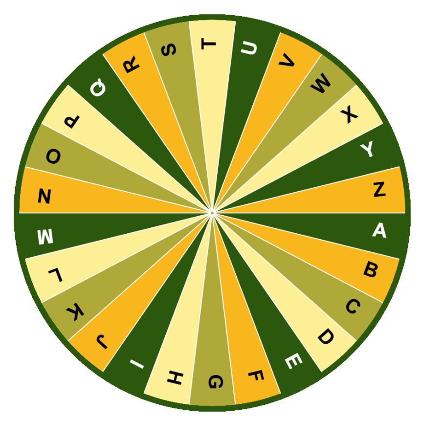 Interactive letter wheel displaying all 26 uppercase letters of the alphabet (A-Z) in colorful, alternating segments of green, yellow, and orange, used for generating random letters