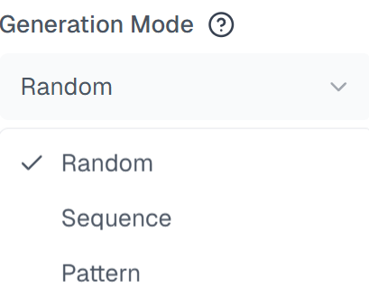 Random alphabet generator generation mode selection showing random, sequence, and pattern options